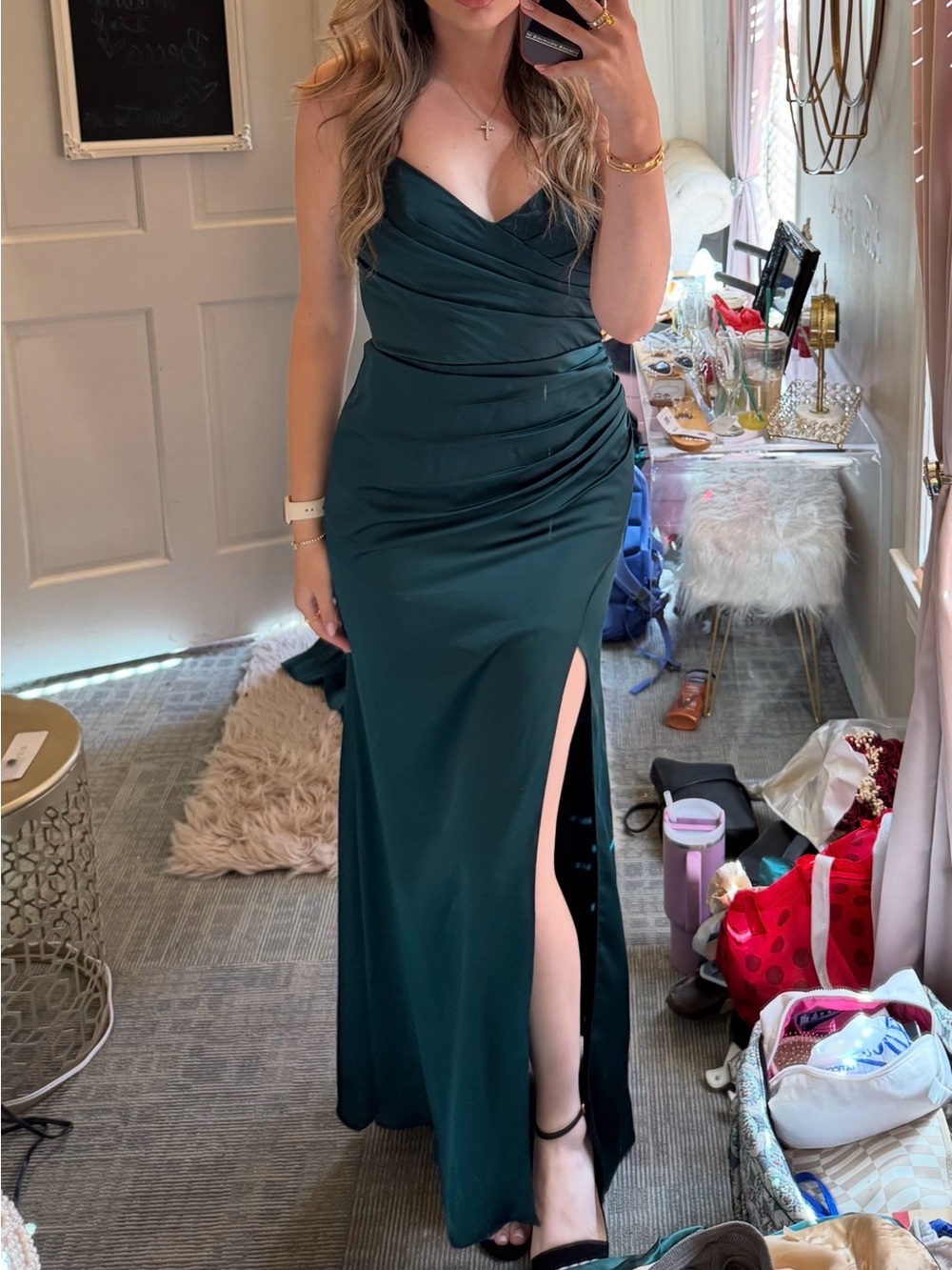 Azazie Forest Green Sleeveless V-Neck Prom Gown with High Slit
